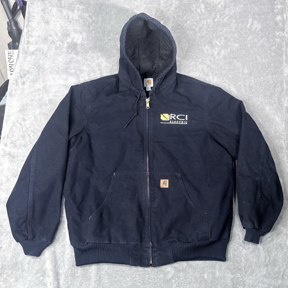 VTG Carhartt J130 MDT Quilt Lined Canvas Sandstone Hooded Jacket Midnight Blue L